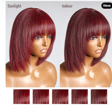 Load image into Gallery viewer, 10 Inch Reddish Purple Layered Cut Yaki Straight #99J Lace Bob Wig With Bangs
