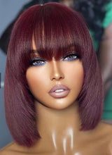 Load image into Gallery viewer, 10 Inch Reddish Purple Layered Cut Yaki Straight #99J Lace Bob Wig With Bangs
